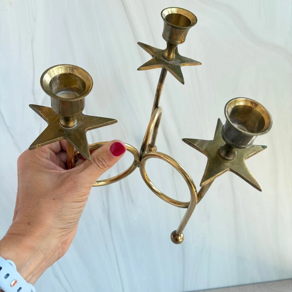 Vintage Brass Star Candelabra Pair Celestial 3-Light Taper Candle Holders Set 2